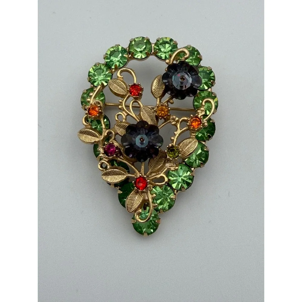 Vintage Gold Tone Green Purple Rhinestone Floral Teardrop Brooch Pin Statement